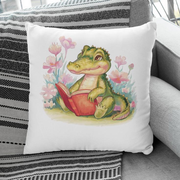 Crocodile Reading Book Watercolor Flowers Kids Pillowcase