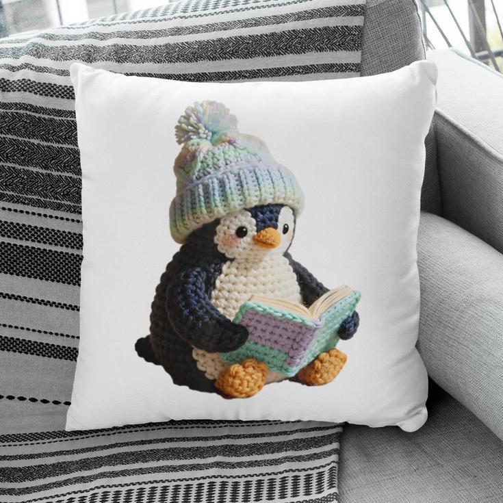 Cute Penguin Reading Book Faux-Crochet Print Pillowcase