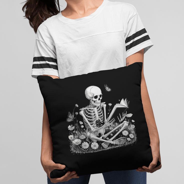 Skeleton Reading Book Floral Dark For Book Lovers Pillowcase