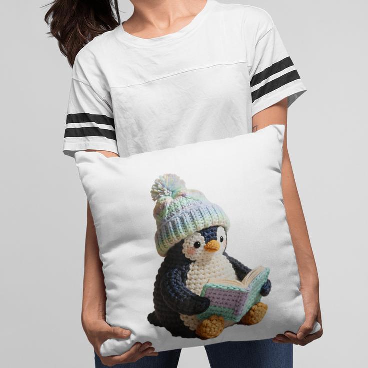 Cute Penguin Reading Book Faux-Crochet Print Pillowcase