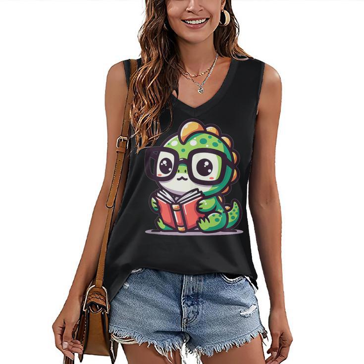 Adorable Book Lover Iguana With Reading Glasses Cute Women's V-Neck Tank Top