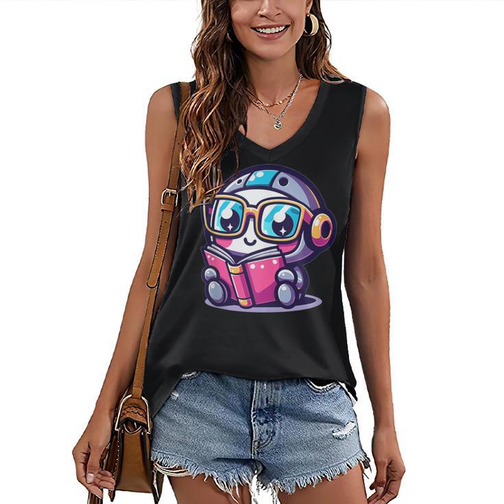 Adorable Book Lover Robot With Reading Glasses Cute Women's V-Neck Tank Top