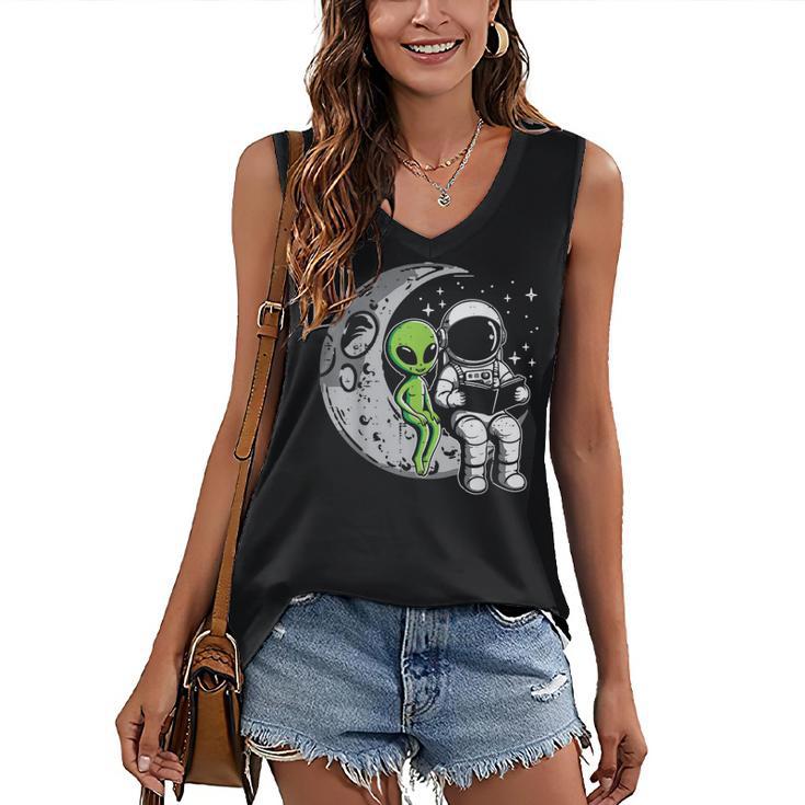 Astronaut Reading Book To Alien Moon Space Women Kids Men Women's V-Neck Tank Top
