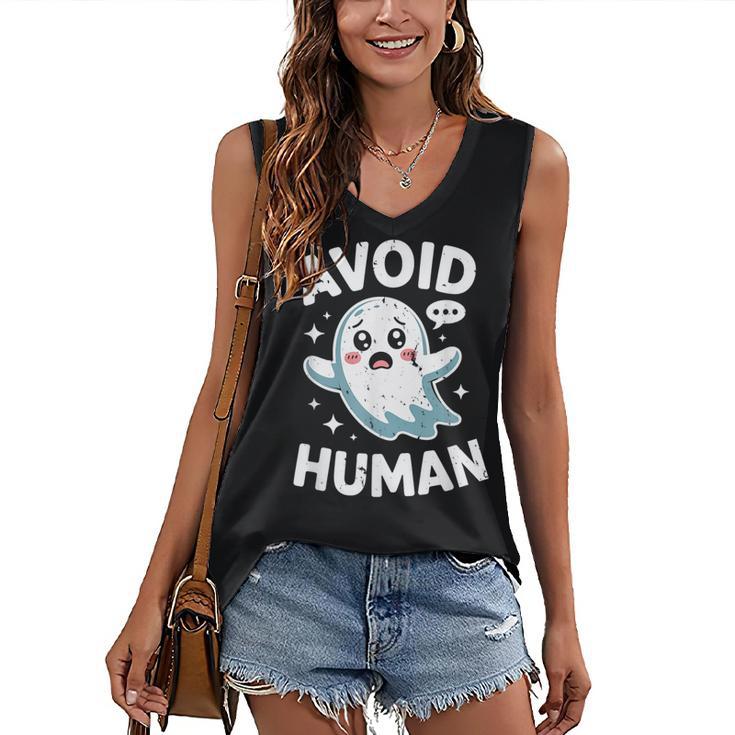 Avoid Humans Cute Kawaii Pastel Ghost Introvert Saying Women's V-Neck Tank Top