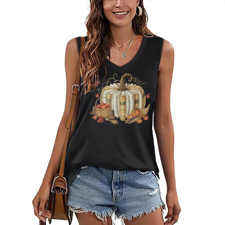 Book Pumpkin Fall Reading Thanksgiving Teacher Librarian Women's V-Neck Tank Top