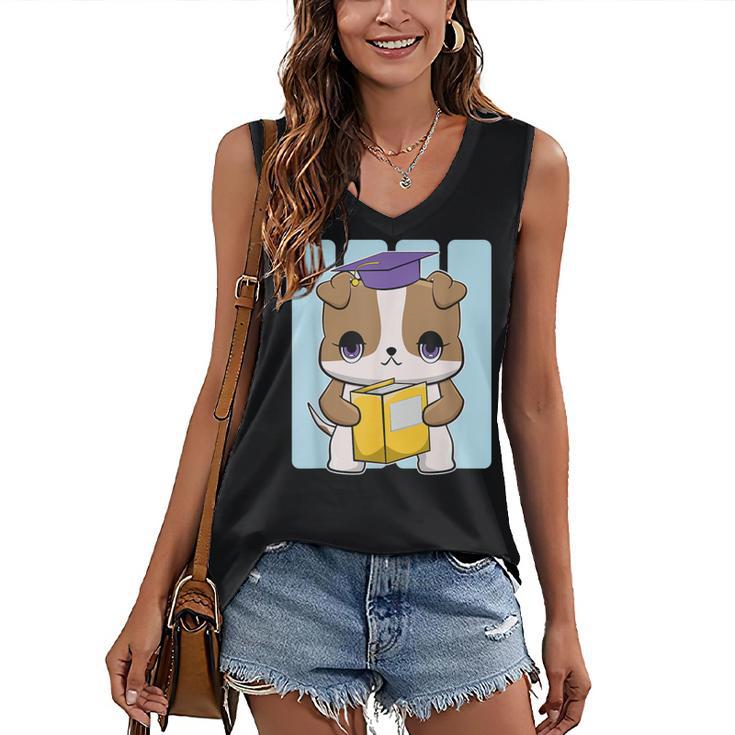 Bulldog Anime Pup Graduation Women's V-Neck Tank Top