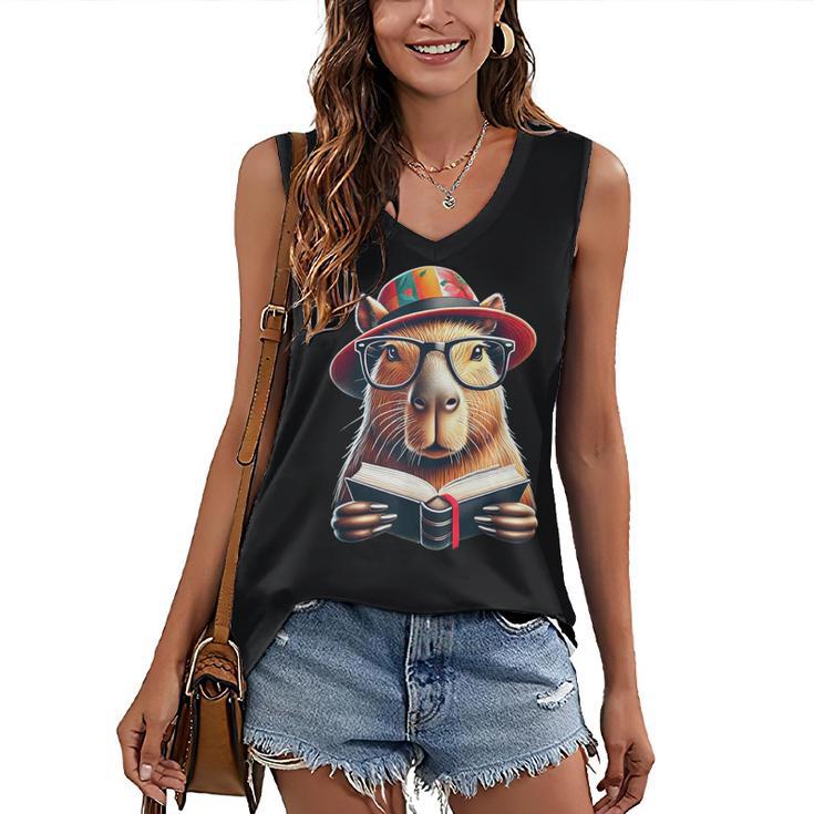 Capybara Bookworm Rodent Reading a Book Women's V-Neck Tank Top