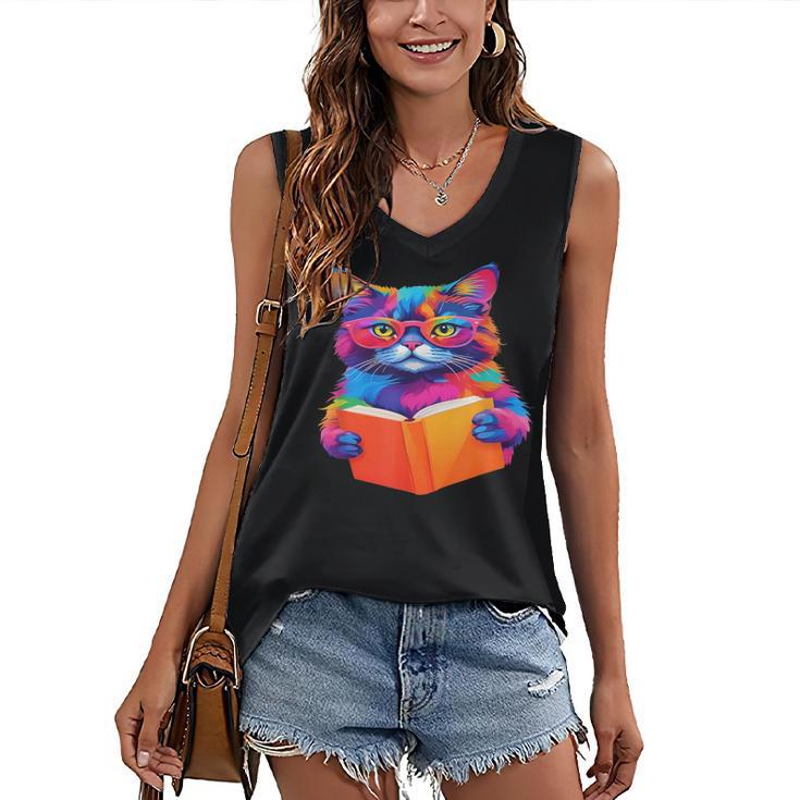 Cat Book Shirt Colorful Cat Reading Book Women's V-Neck Tank Top