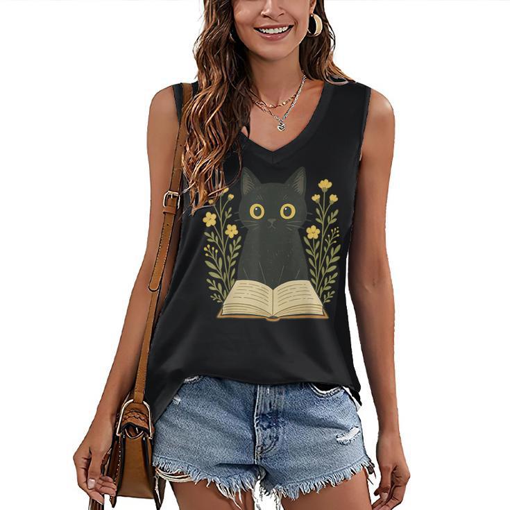 Cat Reading Book Flowers Women's V-Neck Tank Top