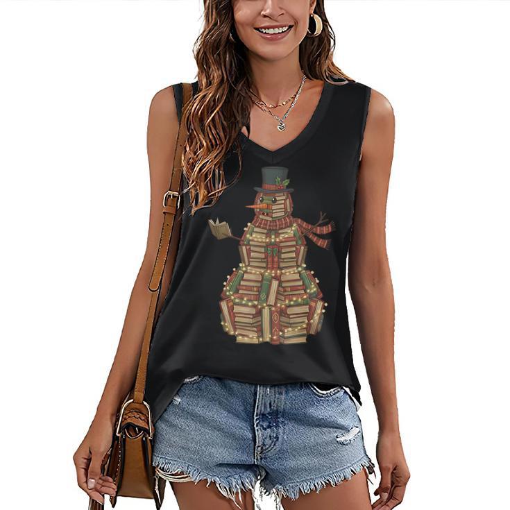 Christmas Snowman Made Of Books Holiday Reading Xmas Women's V-Neck Tank Top