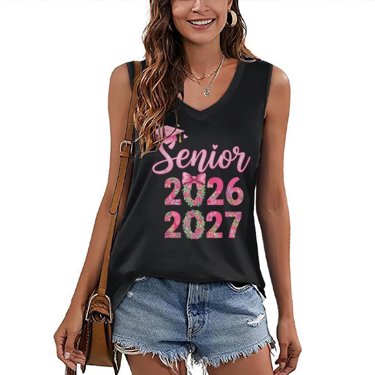 Coquette Pink Bow Flowers Senior 2026 2027 Graduation Women's V-Neck Tank Top