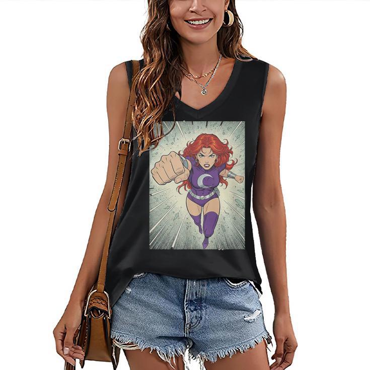 The Crimson Crescent 90s Retro Comic Book Superheroine Art Women's V-Neck Tank Top