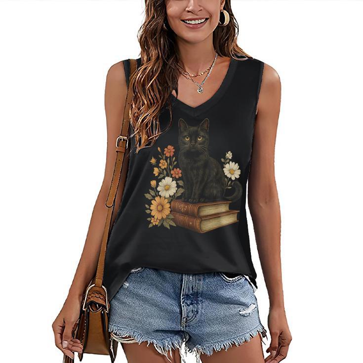 Cute Cat Book Flowers Women's V-Neck Tank Top