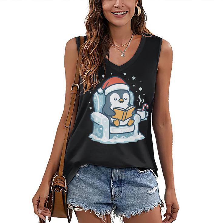 Cute Christmas Penguin Reading Book Cozy Winter Holiday Art Women's V-Neck Tank Top