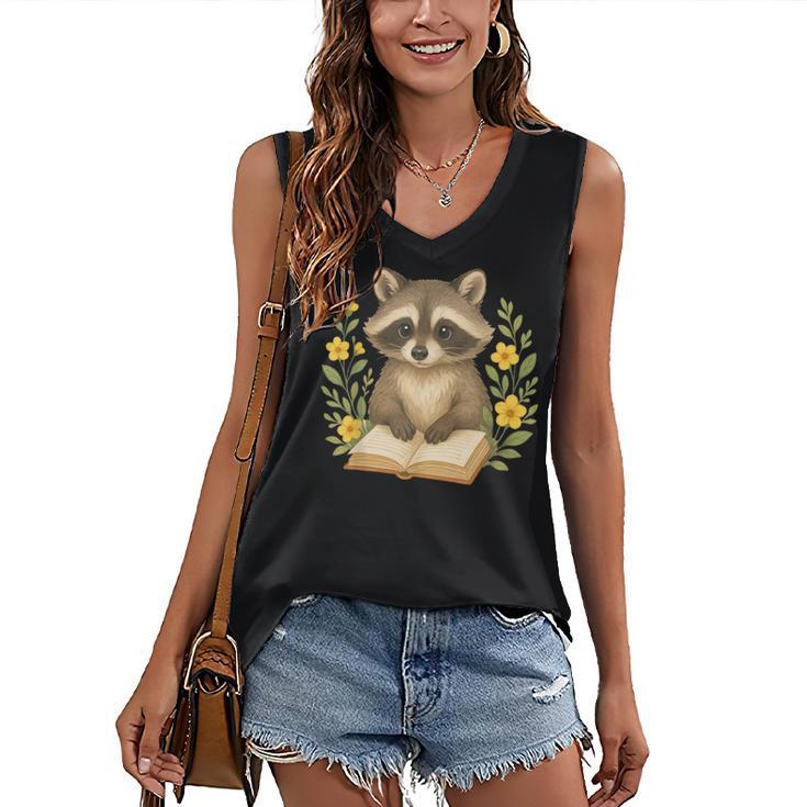 Cute Raccoon Reading Book Flowers Floral Women's V-Neck Tank Top