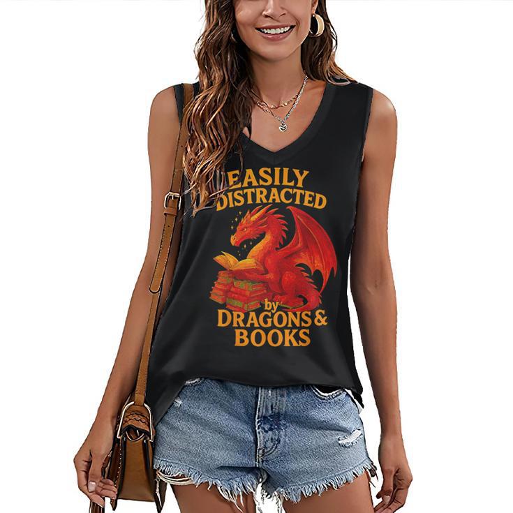 Easily Distracted By Dragons And Books Reading Women's V-Neck Tank Top