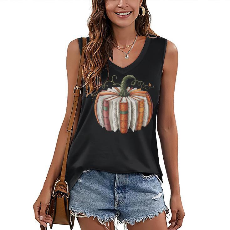 Fall Book Pumpkin Halloween Teacher Librarian Thanksgiving Women's V-Neck Tank Top