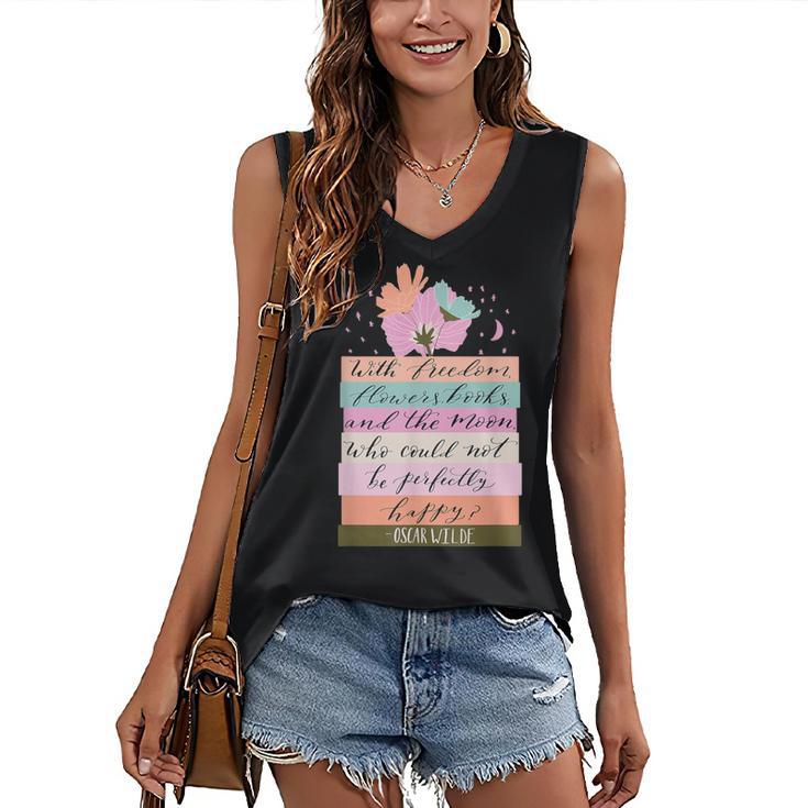 With Freedom Flowers Books And The Moon Women's V-Neck Tank Top