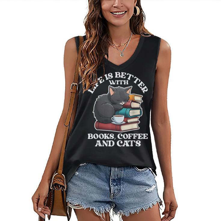 Life Is Better With Books Cats & Coffee Librarian Book Lover Women's V-Neck Tank Top