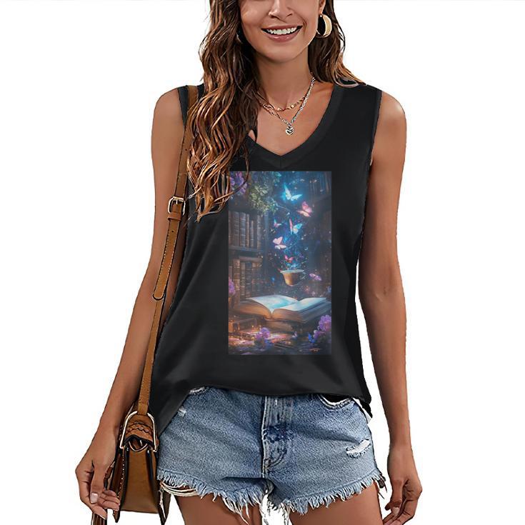 Magic Books Butterflies Fantasy Nature Tea Enchanting Women's V-Neck Tank Top