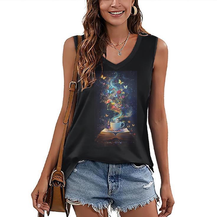 Magical Book Floral Coffee Books Nature Fantasy Women's V-Neck Tank Top
