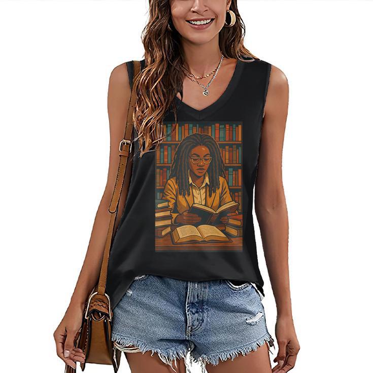 Melanin Girl Locs Book Lover Librarian Teacher Student Women's V-Neck Tank Top