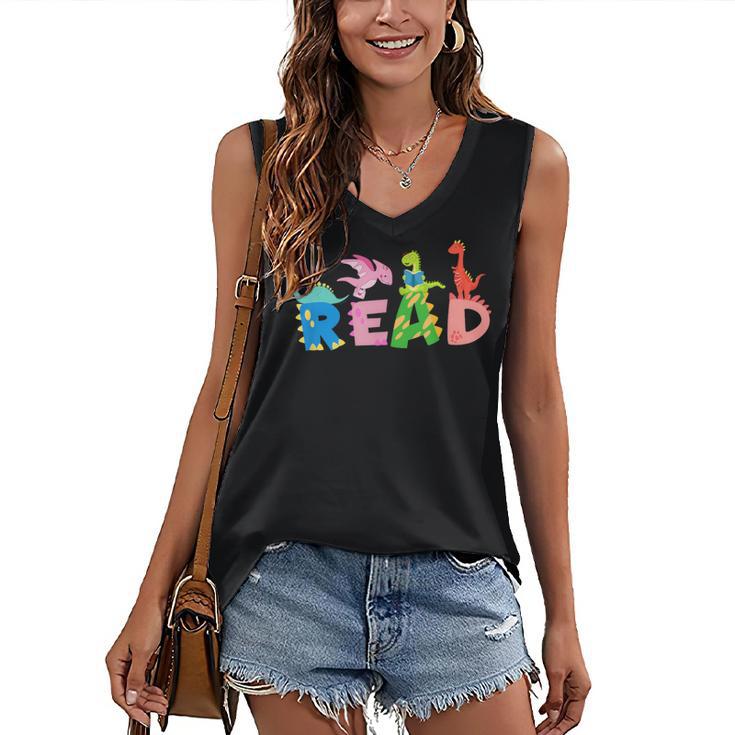 Reading Dinosaur T Rex Dino Book Lover Women's V-Neck Tank Top