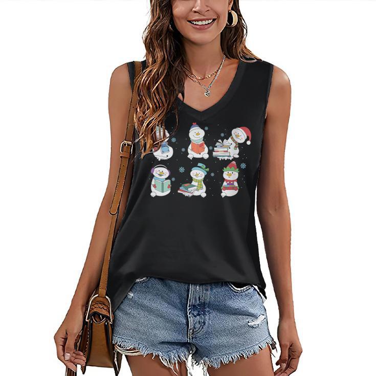 Reading Snowman Christmas Book Lovers Bookworm Librarian Women's V-Neck Tank Top