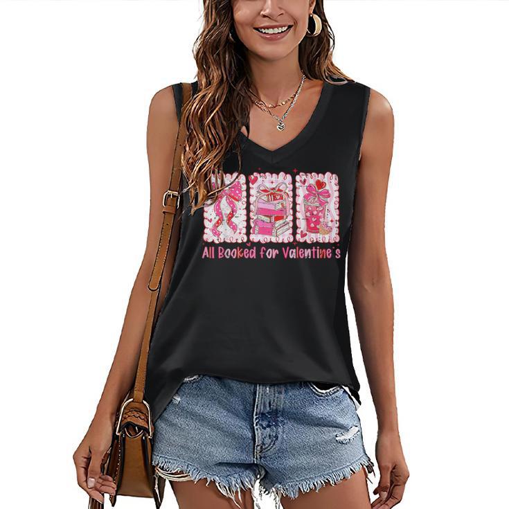 Retro Coquette Bow All Booked For Valentines Book Lover Cute Women's V-Neck Tank Top