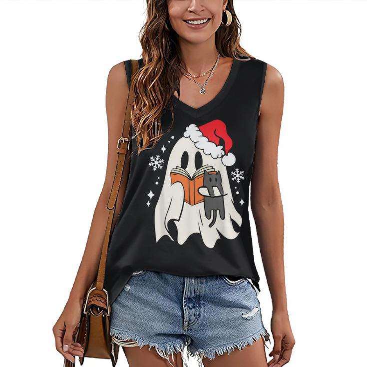 Retro Ghost Reading Book With Cat Bookish Club Christmas Men Women Kids Women's V-Neck Tank Top