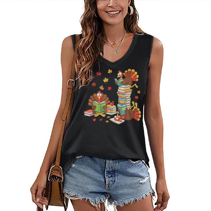 Turkey Reading Books Fall Librarian Book Lover Teacher Kids Women's V-Neck Tank Top