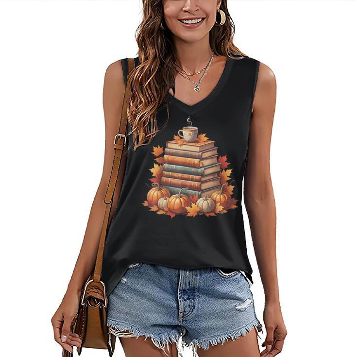 Vintage Autumn Books Pumpkin Coffee Book Lover Reading Women's V-Neck Tank Top