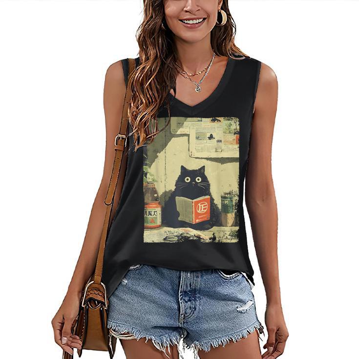 Vintage Japanese Cat Book Lovers Librarian Cat Dad Teacher Women's V-Neck Tank Top