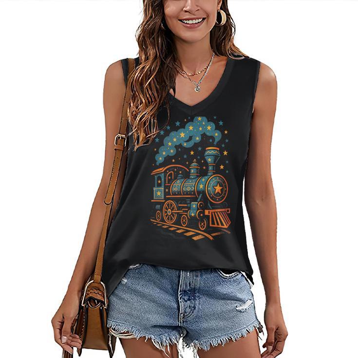 Vintage Locomotive Nostalgia Railroad Stars Women's V-Neck Tank Top