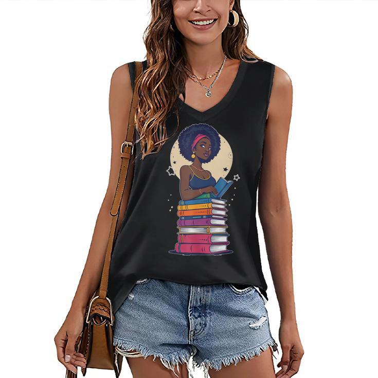 Woman And Books Stack Afro Girl Reading Lover Women's V-Neck Tank Top