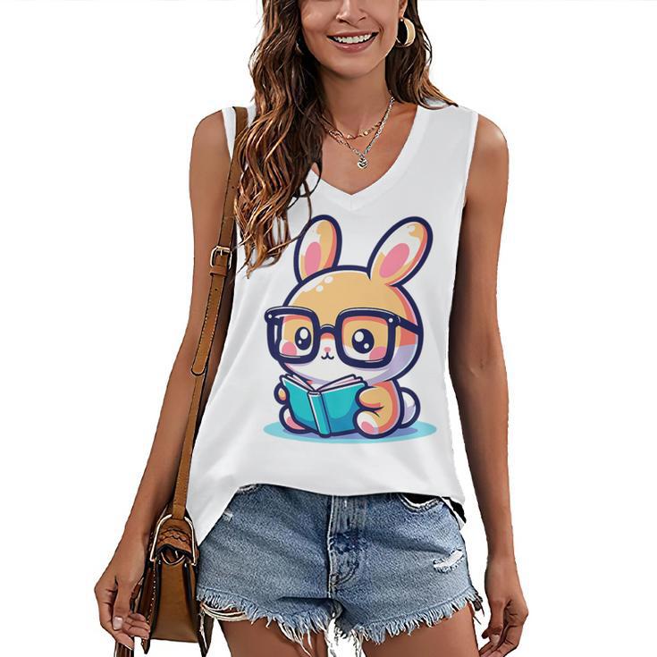 Adorable Book Lover Rabbit With Reading Glasses Cute Premium Women's V-Neck Tank Top