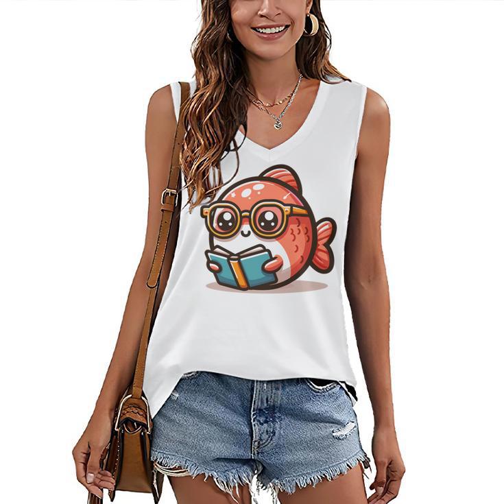 Adorable Book Lover Salmon With Reading Glasses Cute Women's V-Neck Tank Top