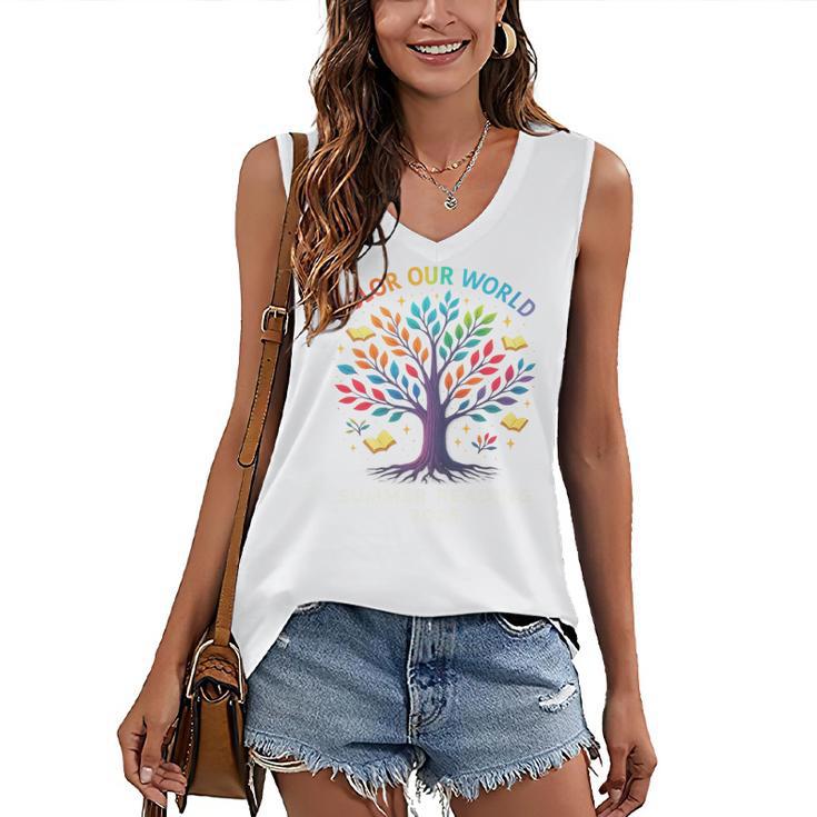 Color Our World Summer Reading Program 2025 Trippy Book Tree Women's V-Neck Tank Top