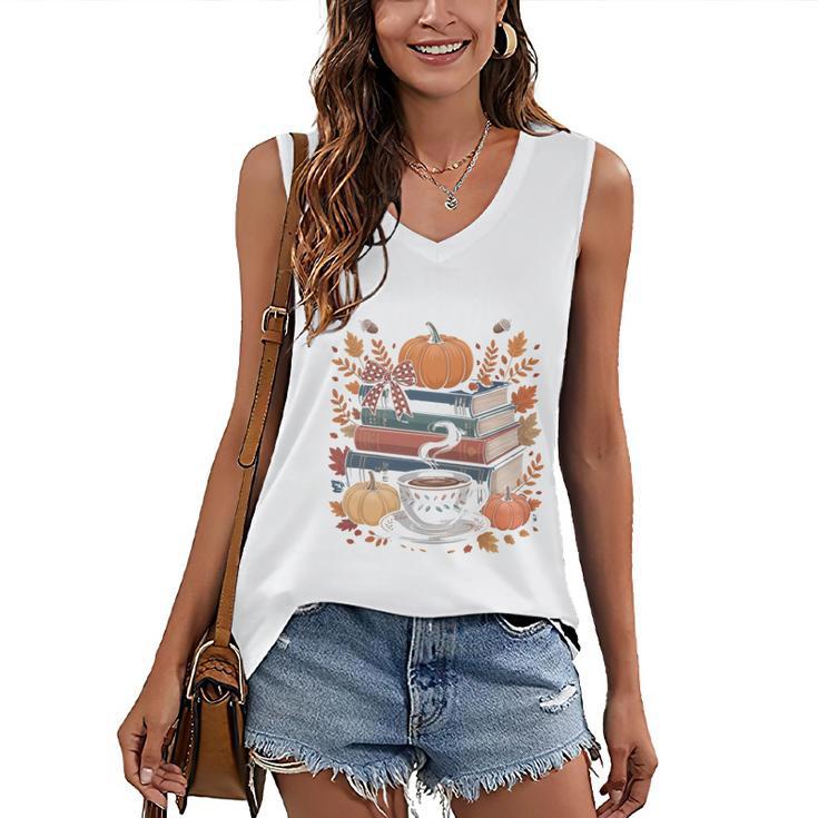 Cozy Autumn Books Fully Booked For Fall Books Pumpkin Women's V-Neck Tank Top