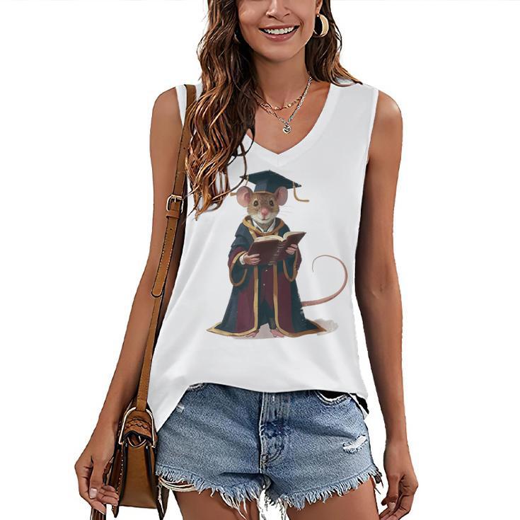 Cute Mouse Reading Book Graduation Women's V-Neck Tank Top