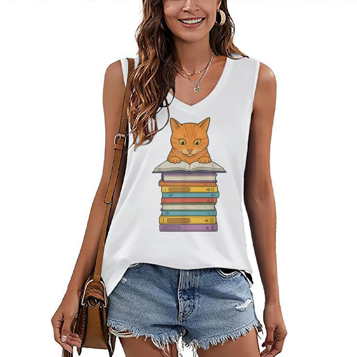 Cute Orange Tabby Cat Reading On Pile Of Books Women's V-Neck Tank Top