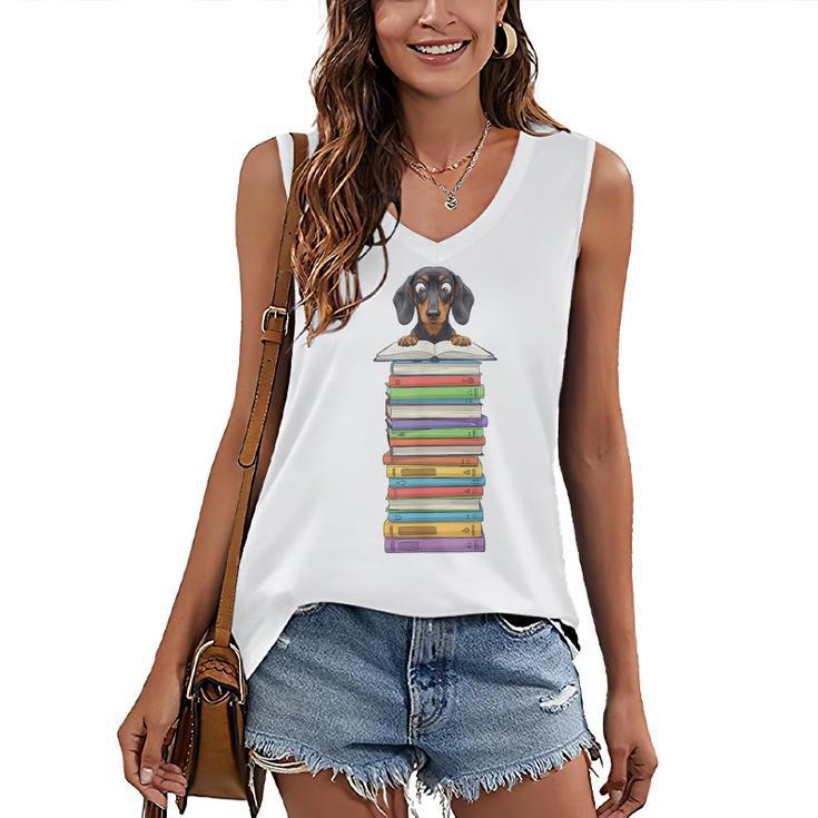 Cute Wiener Dog Dachshund Reading On Pile Of Books Women's V-Neck Tank Top