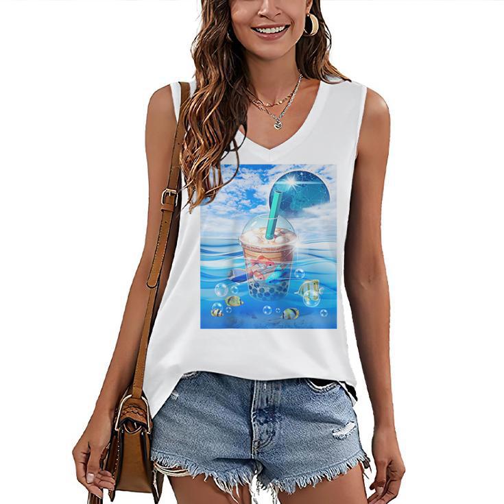 Frutiger Aero Aesthetic Tech Bubble Tea Boba Milktea Fishes Raglan Baseball Tee Women's V-Neck Tank Top