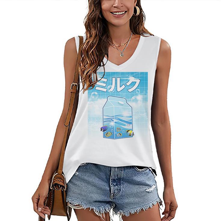 Frutiger Aero Aesthetic Tech Kawaii Milk Underwater Fishes Women's V-Neck Tank Top