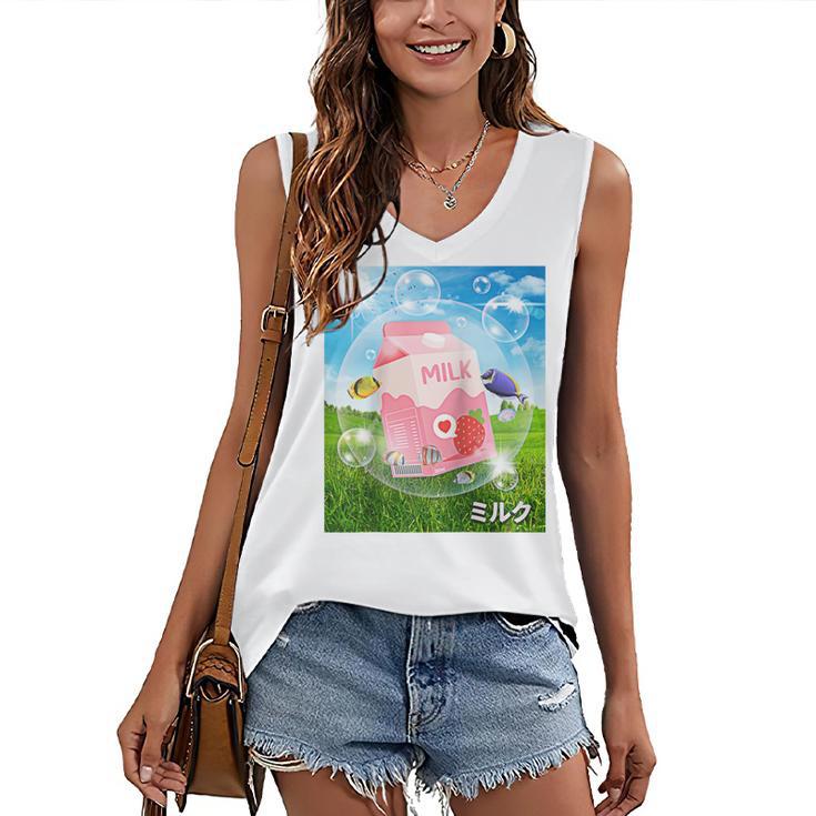 Frutiger Aero Aesthetic Tech Kawaii Strawberry Milk Fishes Raglan Baseball Tee Women's V-Neck Tank Top