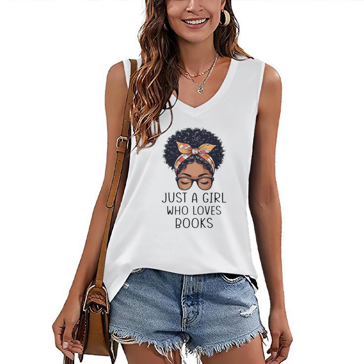 Just a Girl Who Loves Books Messy Bun Black Women Reading Women's V-Neck Tank Top
