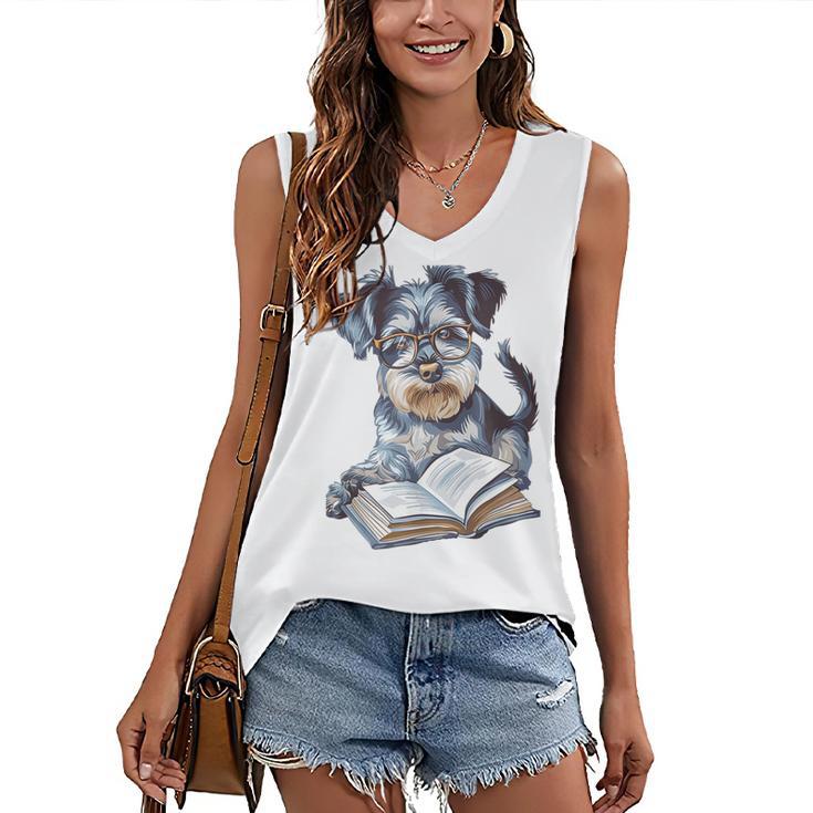 Nerdy Schnauzer Dog Book Lover Glasses Cute Pet For Men Women Kids Women's V-Neck Tank Top