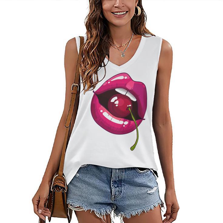 Rainbow Lips With a Cherry In The Mouth 80s Nostalgia Premium Tri-Blend Women's V-Neck Tank Top