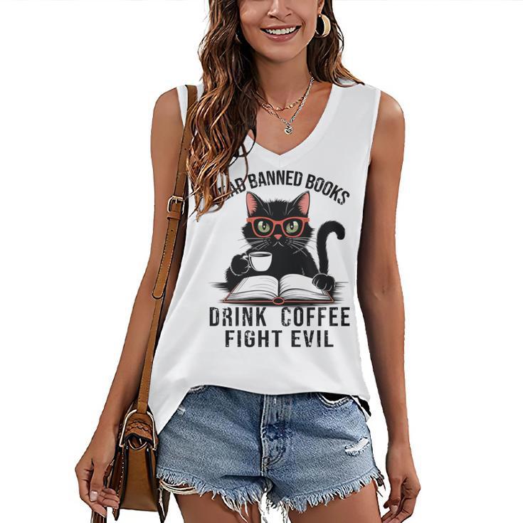 Read Banned Books Drink Coffee Fight Evil Retro Cat Women's V-Neck Tank Top