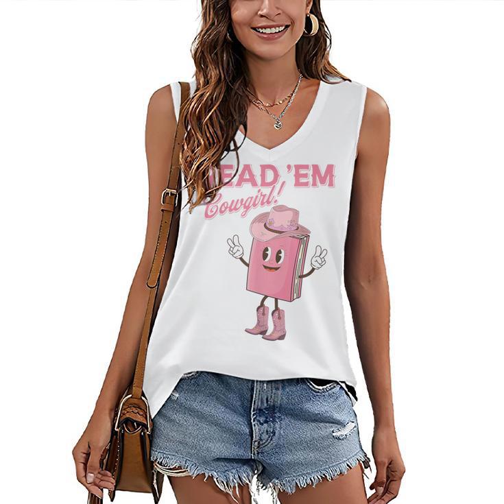 Read 'Em Western Cowgirl Retro Groovy Reading Books Women's V-Neck Tank Top